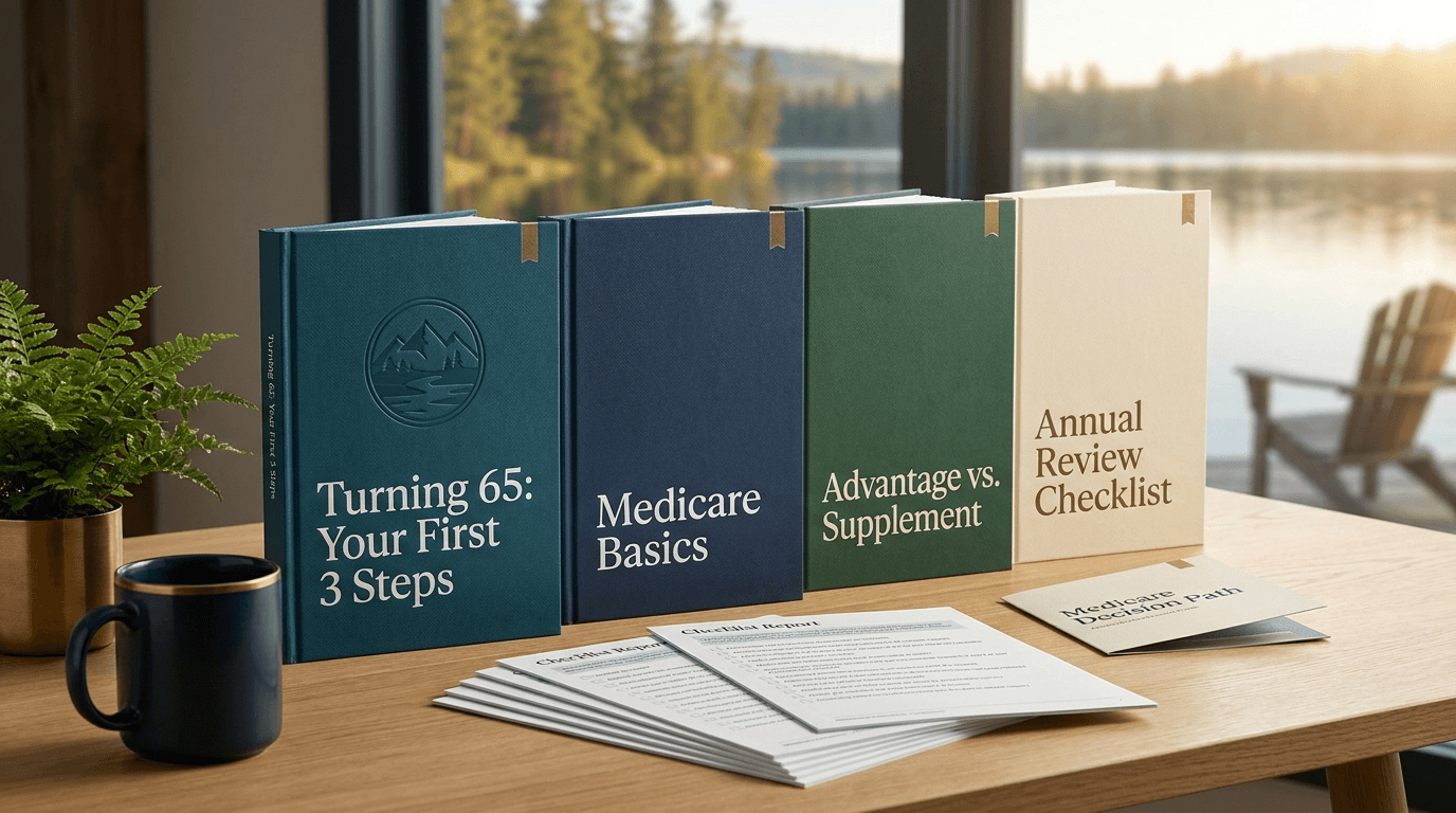 Upstate Medicare education library — Turning 65, Medicare Basics, Advantage vs. Supplement, and Annual Review Checklist guides with a Medicare Decision Path card