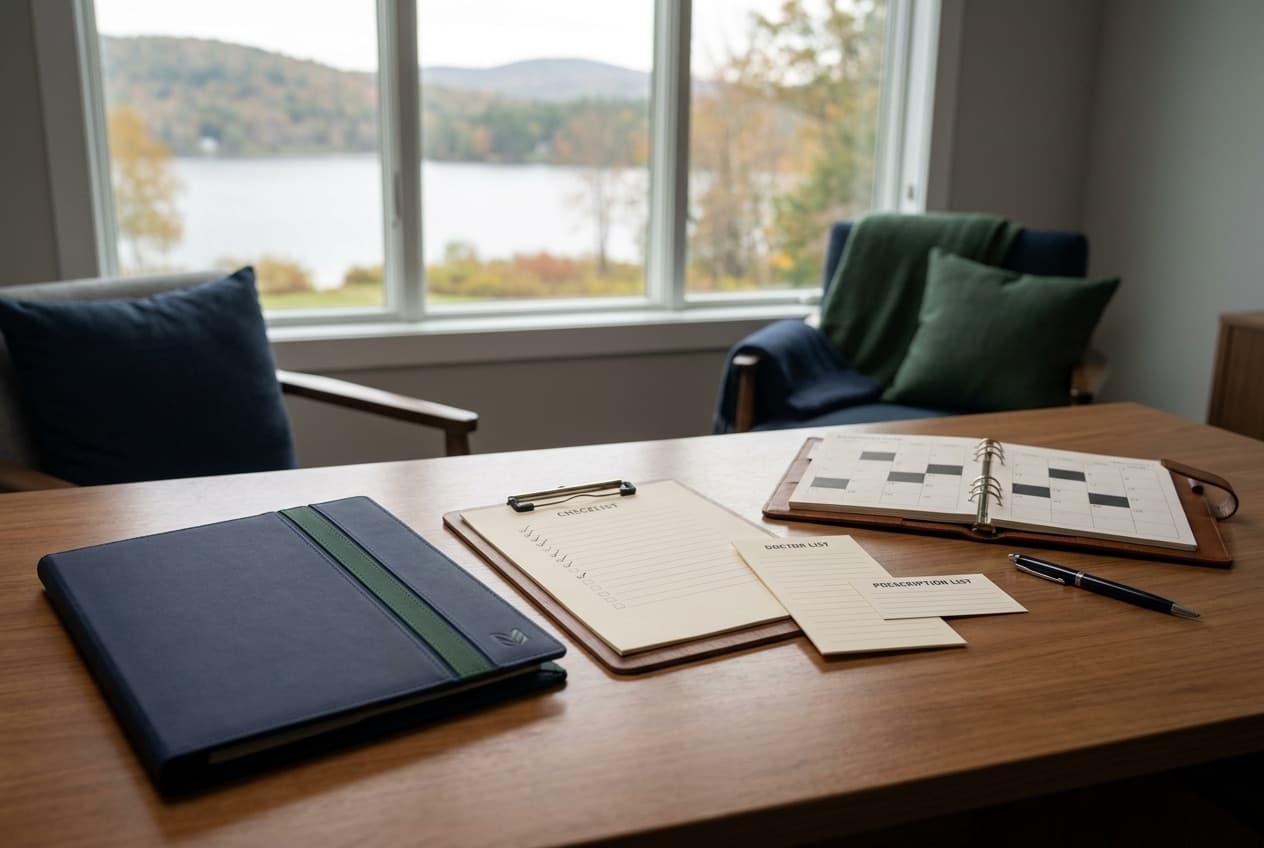 A wooden desk beside a window with a lake view, holding a folio, checklist, calendar, doctor list, prescription list, and pen