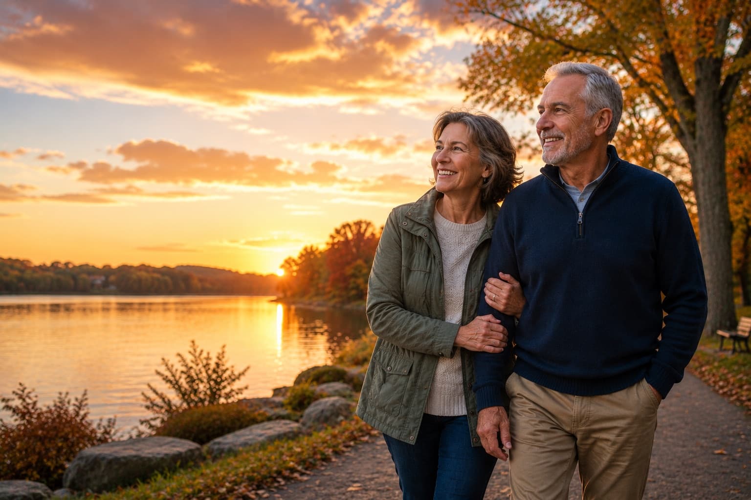 An Upstate New York couple walking by a lake at sunset