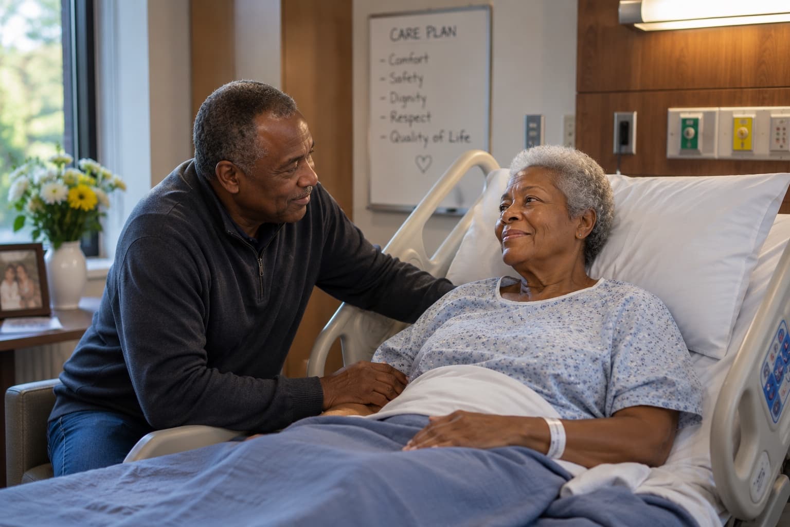 A caregiver at the bedside of an older loved one, talking through a care plan together