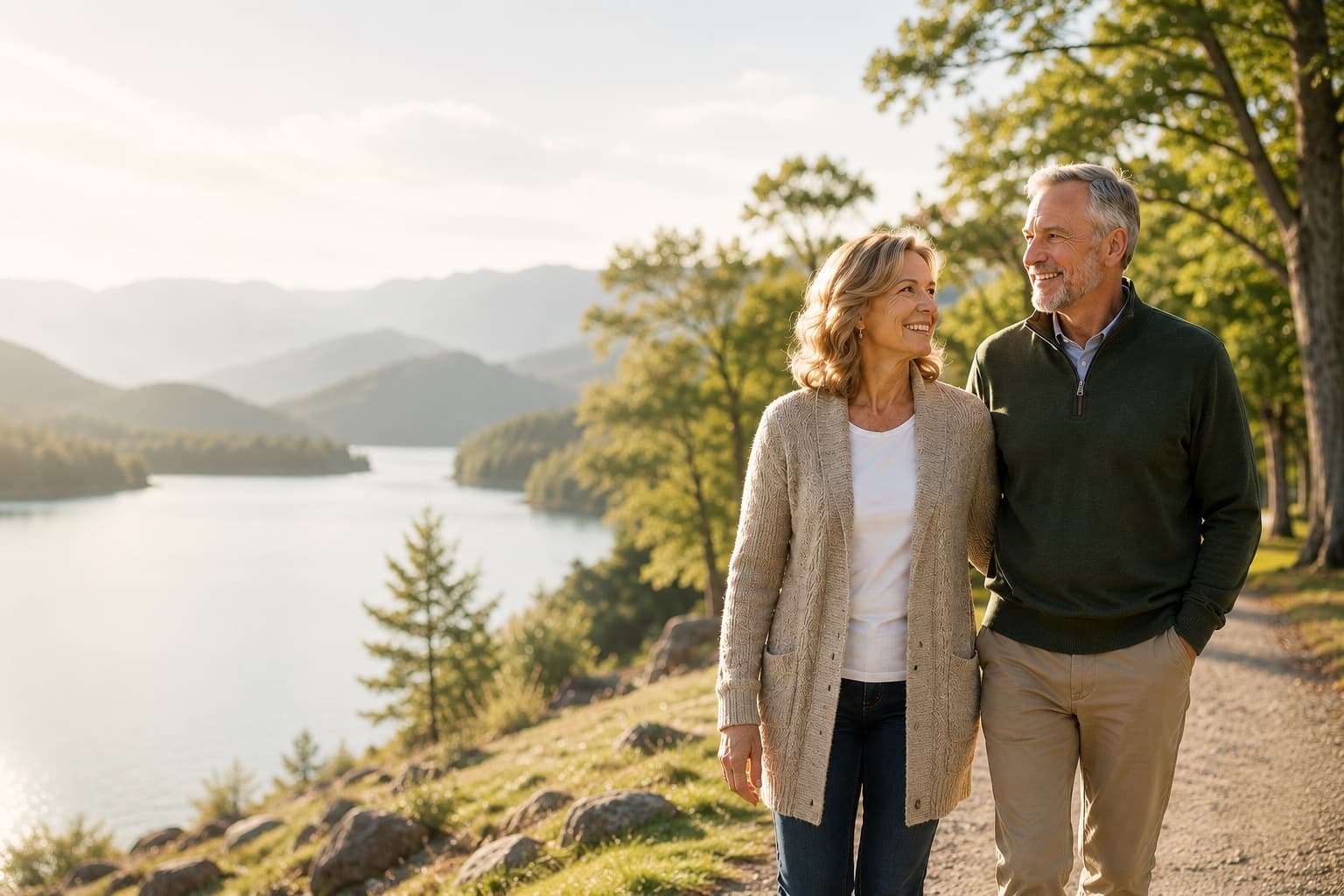 Older couple walking beside a lake in Upstate New York, representing planning beyond Medicare.
