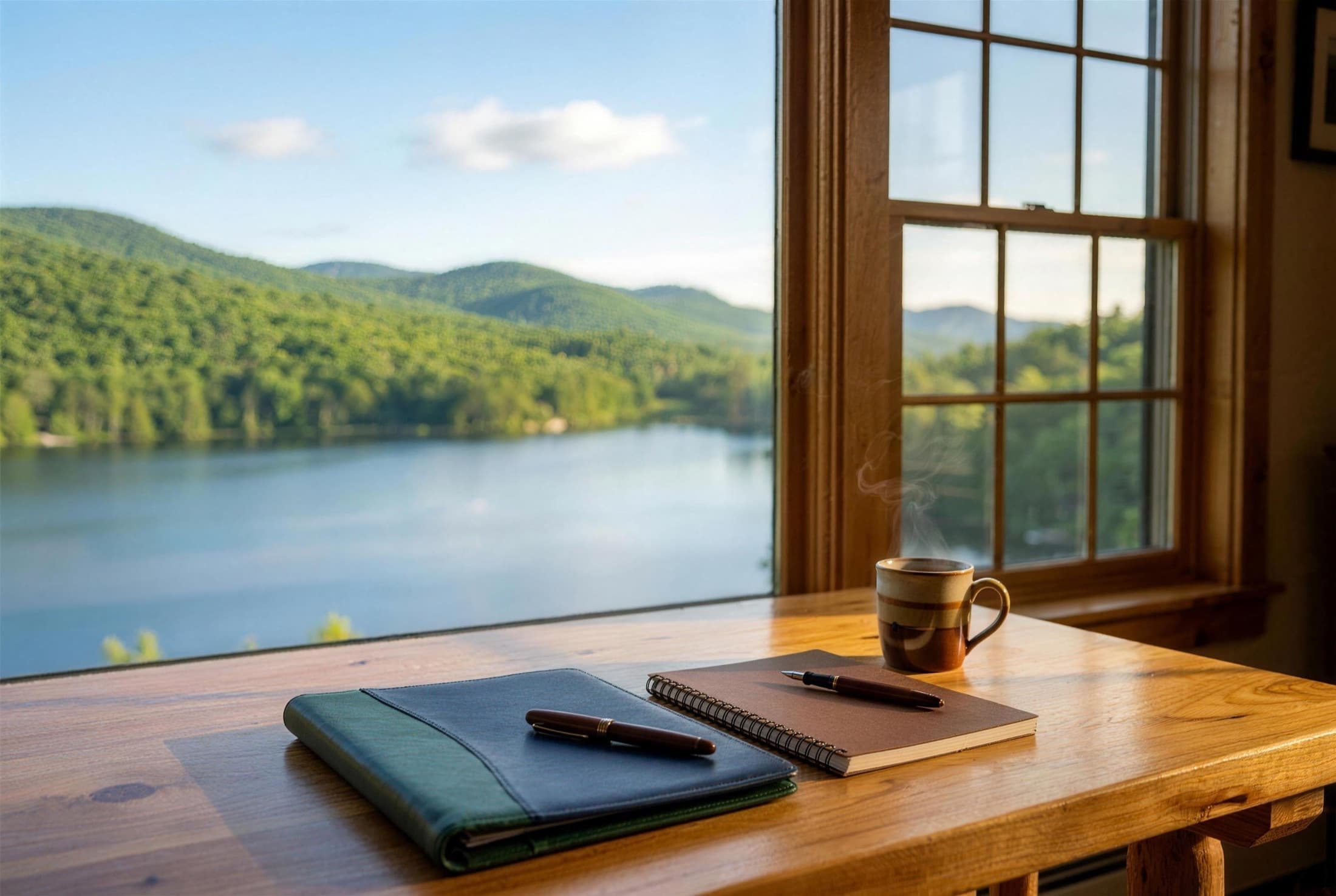 A calm advisor desk by a window overlooking an Upstate New York lake
