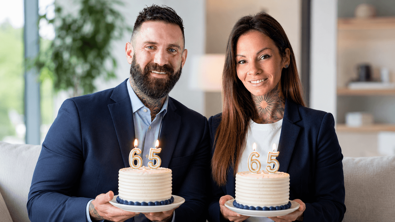 Chad Bruce and Deborah Gamble holding cakes with 65 candles